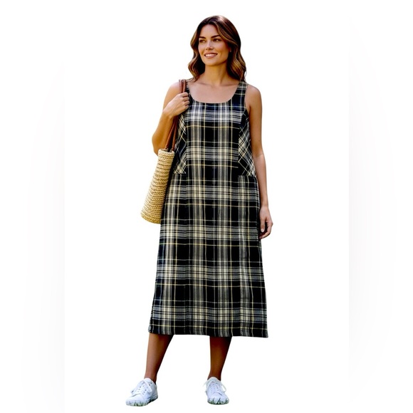 Blue J. Dresses & Skirts - BLUE J black/tan/olive plaid jumper dress midi/maxi with pockets size Large